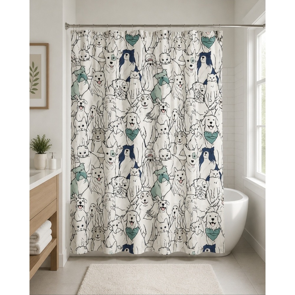Pet Friends Dog and Cat Cotton Shower Curtain 72x72 Multi Color Animal Print